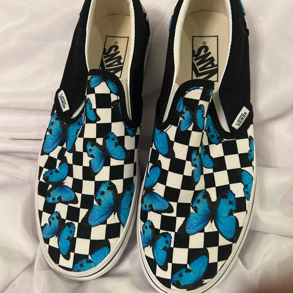 Vans Black and White Checkered Shoes with Blue Butterflies